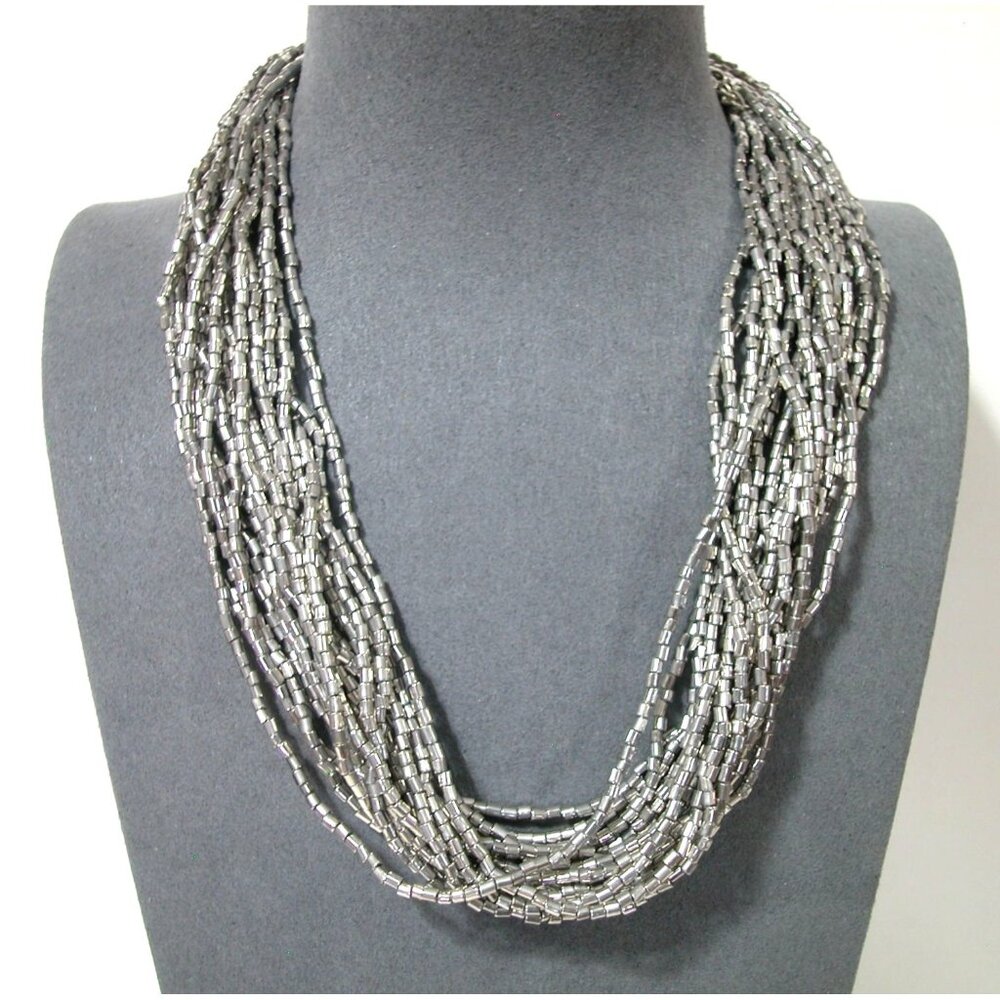 Twenty Strand Silver Beaded Necklace Statement Jewelry 16 inch/2.5inch Extensio